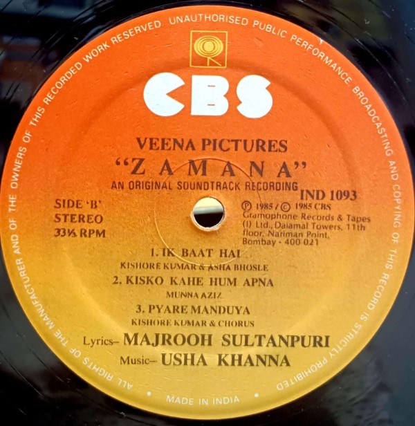 Zamana – LP Vinyl (Usha Khanna / CBS, 33 RPM, IND 1093, Good Condition) - Image 4